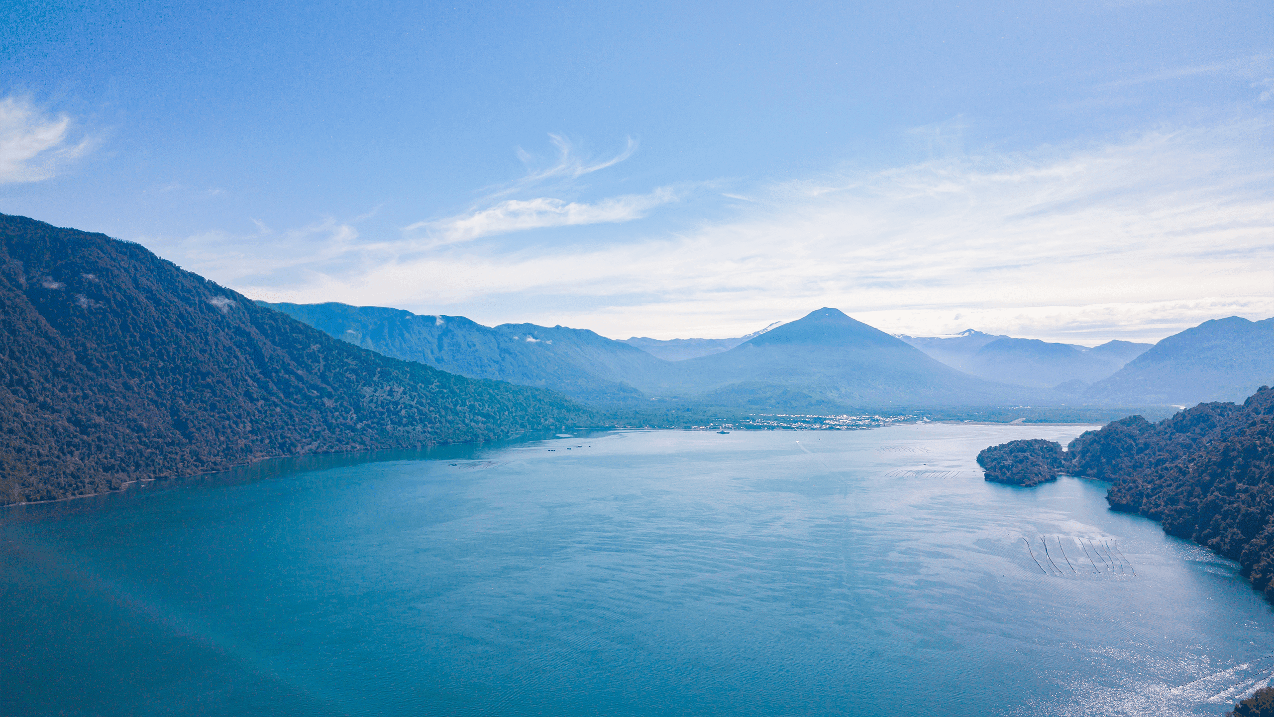 Chilean landscape shot with hills and trees surrounding a body of water shot from a drone