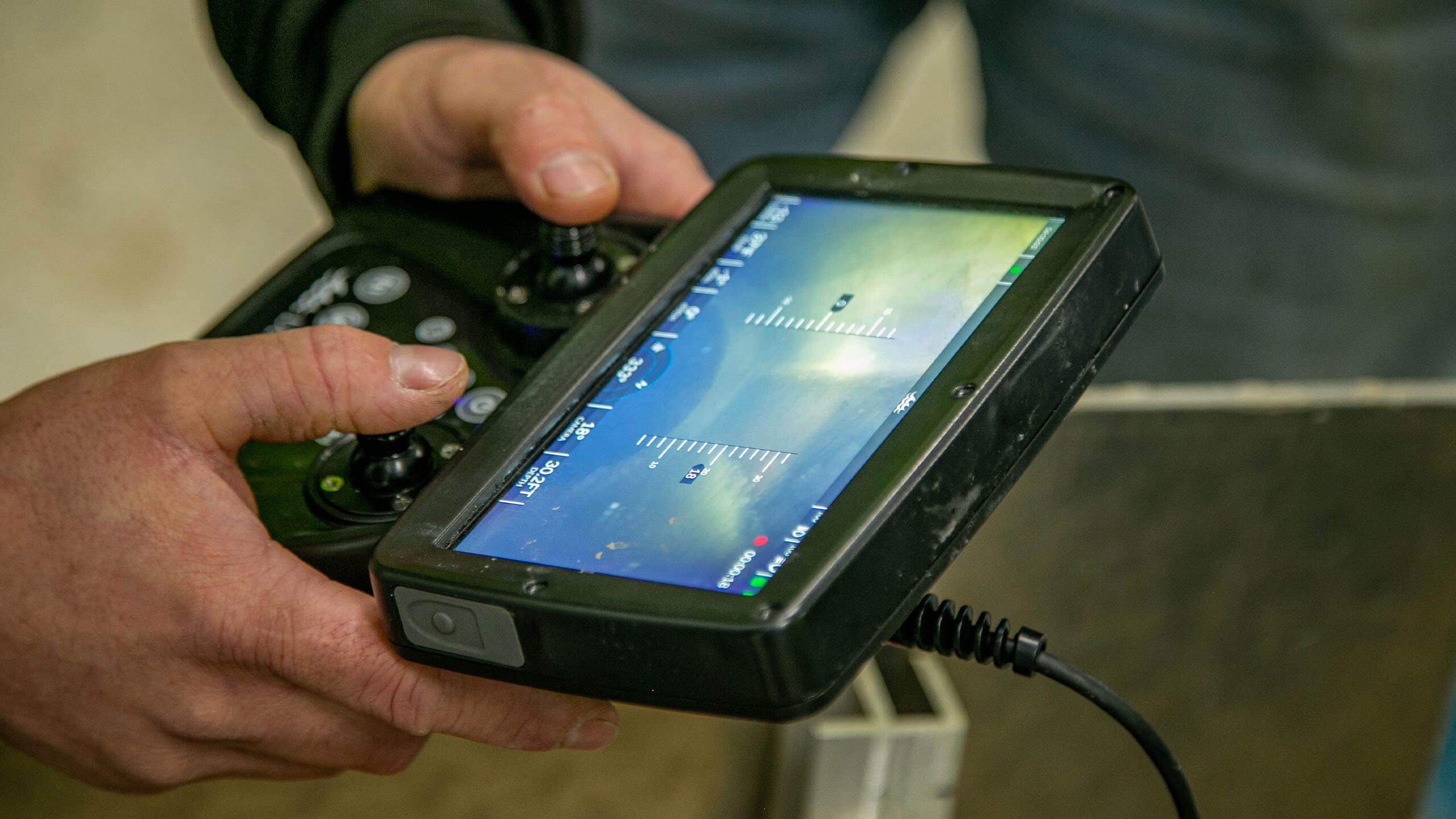 Screen of Deep Trekker ROV showing the underwater image of a nuclear facility Ontario Power Generation OPG